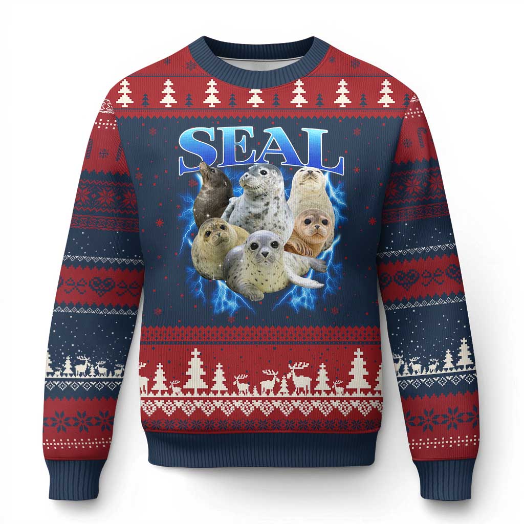 Baby Seals Ugly Christmas Sweater Retro Sea Dog Bootleg Vintage Graphic 90s TS10 Navy Red Print Your Wear