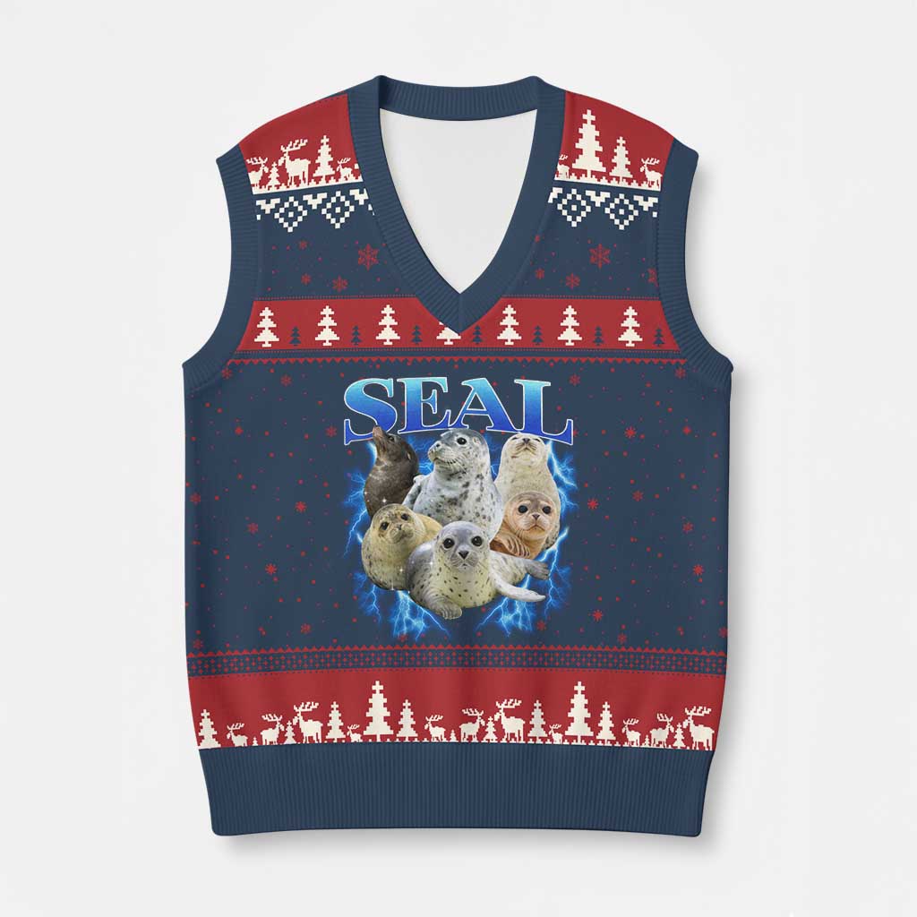 Baby Seals V-Neck Knit Sweater Vest Retro Sea Dog Bootleg Vintage Graphic 90s TS10 Navy Red Print Your Wear