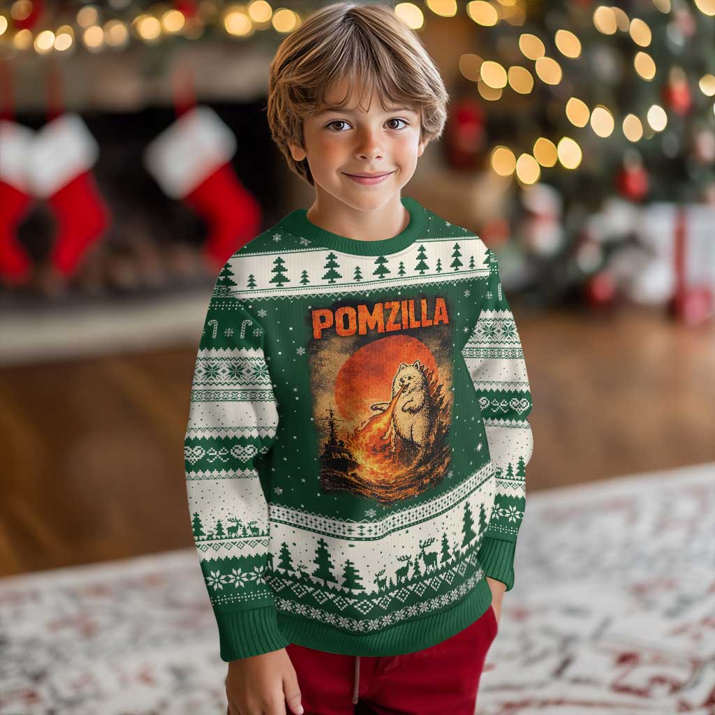 Pomzilla Dog Japanese Art Ugly Christmas Sweater Retro Vintage Dog Lover Pomeranian Pom Monster Kaiju TS10 Forest Green Beige Print Your Wear