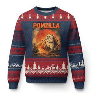 Pomzilla Dog Japanese Art Ugly Christmas Sweater Retro Vintage Dog Lover Pomeranian Pom Monster Kaiju TS10 Navy Red Print Your Wear