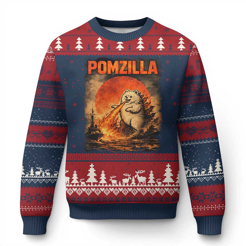 Pomzilla Dog Japanese Art Ugly Christmas Sweater Retro Vintage Dog Lover Pomeranian Pom Monster Kaiju TS10 Navy Red Print Your Wear