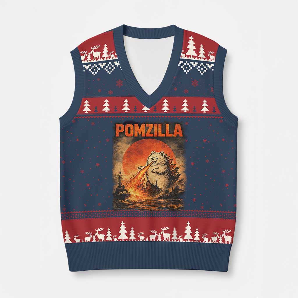 Pomzilla Dog Japanese Art V-Neck Knit Sweater Vest Retro Vintage Dog Lover Pomeranian Pom Monster Kaiju TS10 Navy Red Print Your Wear