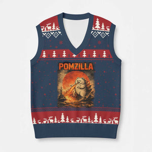 Pomzilla Dog Japanese Art V-Neck Knit Sweater Vest Retro Vintage Dog Lover Pomeranian Pom Monster Kaiju TS10 Navy Red Print Your Wear