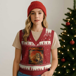 Pomzilla Dog Japanese Art V-Neck Knit Sweater Vest Retro Vintage Dog Lover Pomeranian Pom Monster Kaiju TS10 Red Beige Print Your Wear