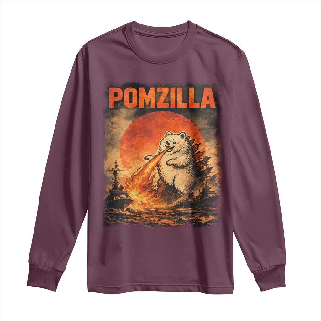 Pomzilla Dog Japanese Art Long Sleeve Shirt Retro Vintage Dog Lover Pomeranian Pom Monster Kaiju TS10 Maroon Print Your Wear