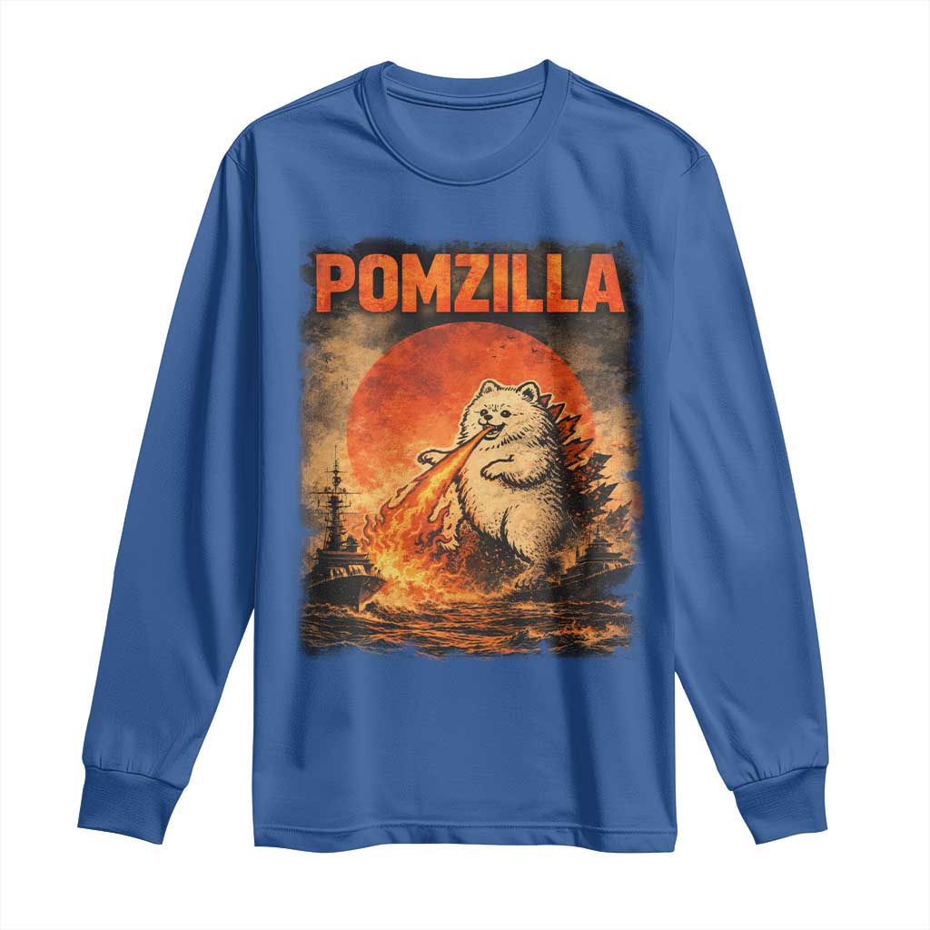 Pomzilla Dog Japanese Art Long Sleeve Shirt Retro Vintage Dog Lover Pomeranian Pom Monster Kaiju TS10 Royal Blue Print Your Wear