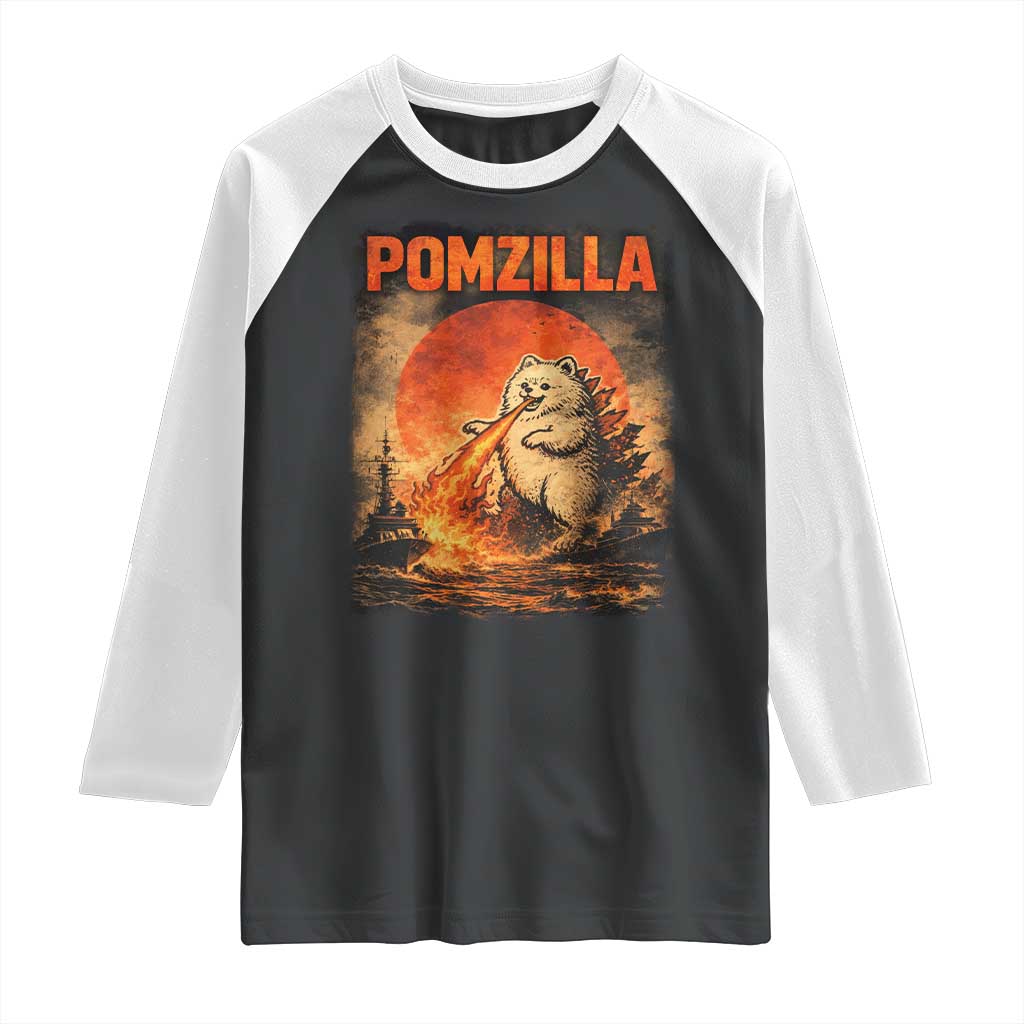 Pomzilla Dog Japanese Art Raglan Shirt Retro Vintage Dog Lover Pomeranian Pom Monster Kaiju TS10 Black White Print Your Wear