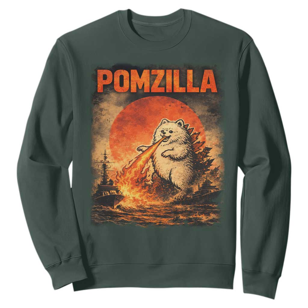 Pomzilla Dog Japanese Art Sweatshirt Retro Vintage Dog Lover Pomeranian Pom Monster Kaiju TS10 Dark Forest Green Print Your Wear
