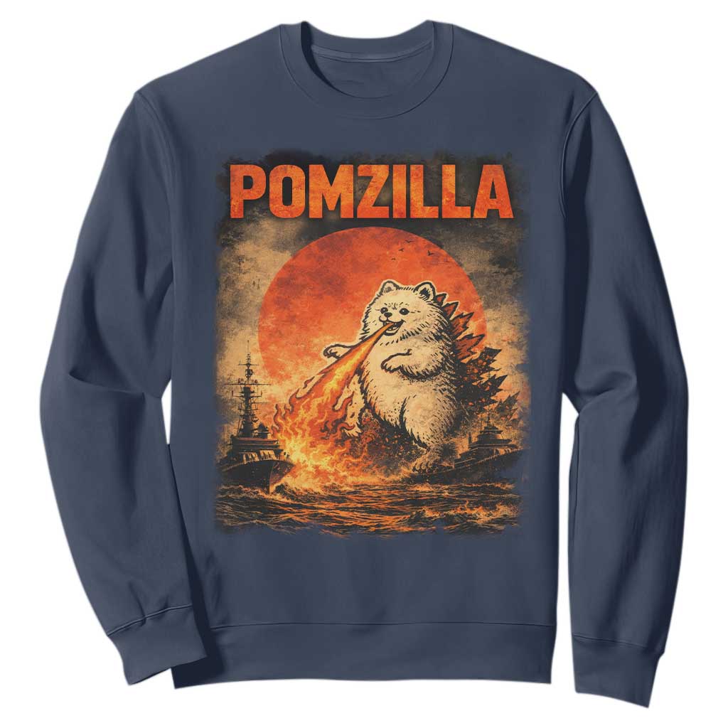 Pomzilla Dog Japanese Art Sweatshirt Retro Vintage Dog Lover Pomeranian Pom Monster Kaiju TS10 Navy Print Your Wear