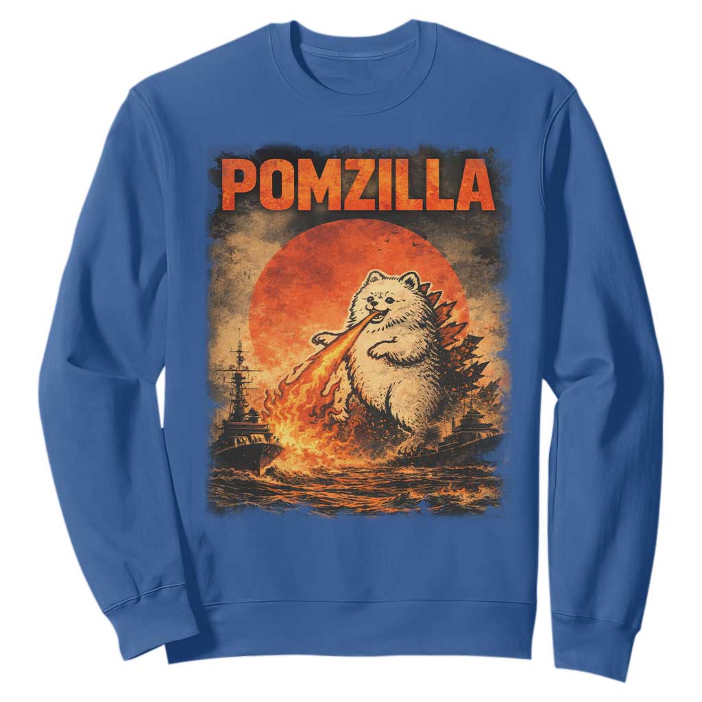 Pomzilla Dog Japanese Art Sweatshirt Retro Vintage Dog Lover Pomeranian Pom Monster Kaiju TS10 Royal Blue Print Your Wear