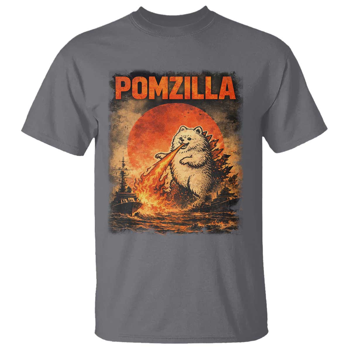 Pomzilla Dog Japanese Art T Shirt Retro Vintage Dog Lover Pomeranian Pom Monster Kaiju TS10 Charcoal Print Your Wear