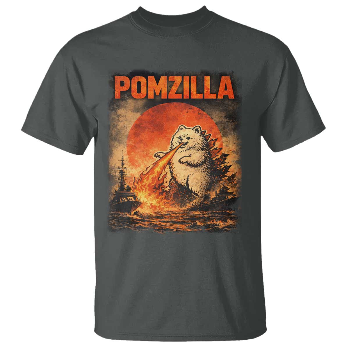 Pomzilla Dog Japanese Art T Shirt Retro Vintage Dog Lover Pomeranian Pom Monster Kaiju TS10 Dark Heather Print Your Wear
