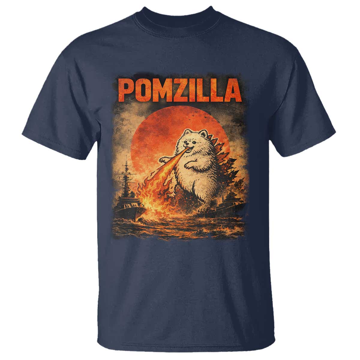 Pomzilla Dog Japanese Art T Shirt Retro Vintage Dog Lover Pomeranian Pom Monster Kaiju TS10 Navy Print Your Wear