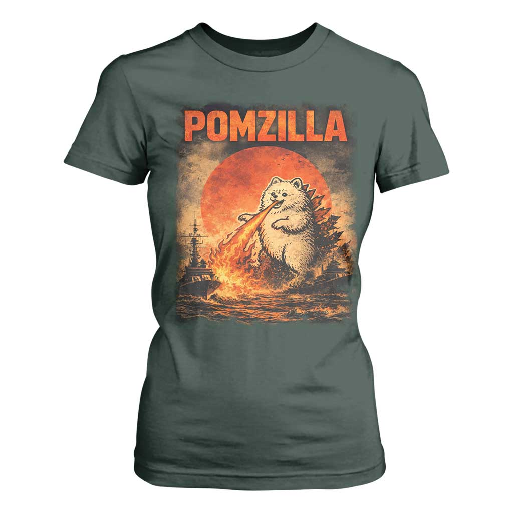 Pomzilla Dog Japanese Art T Shirt For Women Retro Vintage Dog Lover Pomeranian Pom Monster Kaiju TS10 Dark Forest Green Print Your Wear