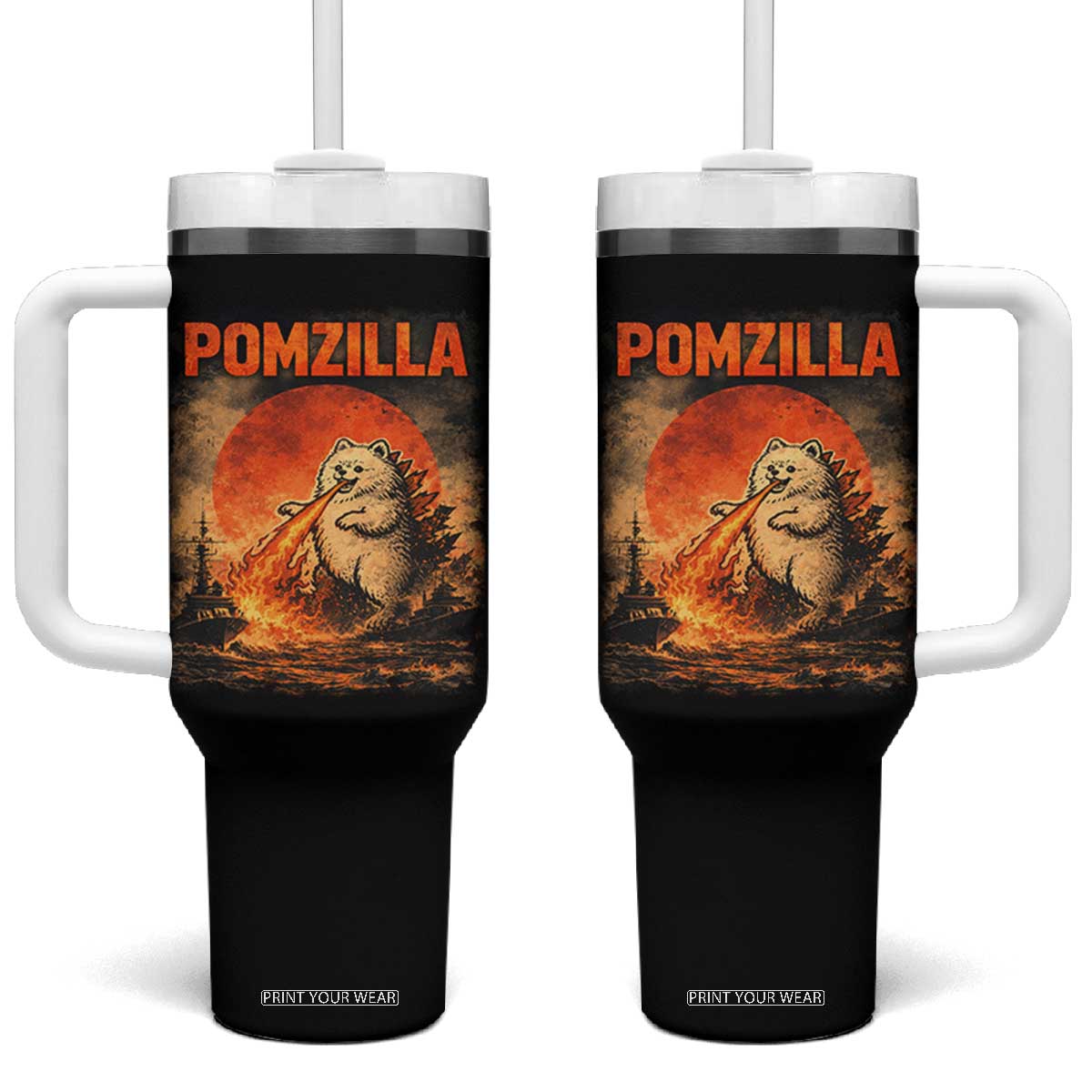 Pomzilla Dog Japanese Art Tumbler With Handle Retro Vintage Dog Lover Pomeranian Pom Monster Kaiju TS10 One Size: 40 oz Black Print Your Wear
