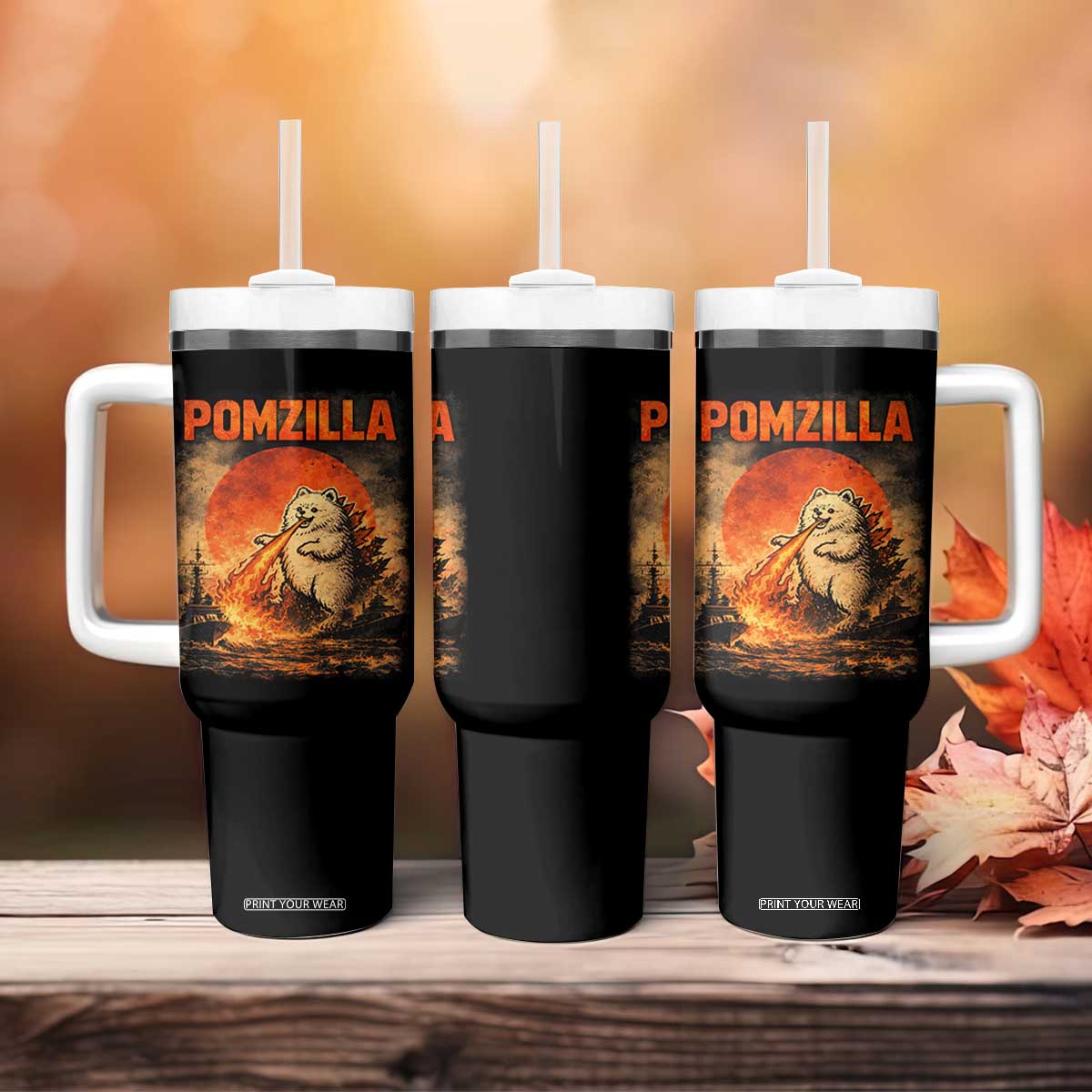 Pomzilla Dog Japanese Art Tumbler With Handle Retro Vintage Dog Lover Pomeranian Pom Monster Kaiju TS10 Print Your Wear