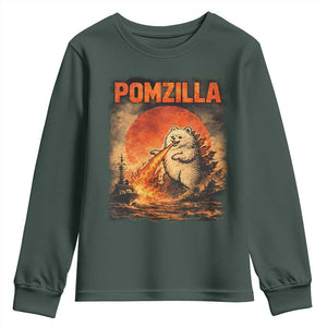 Pomzilla Dog Japanese Art Youth Sweatshirt Retro Vintage Dog Lover Pomeranian Pom Monster Kaiju TS10 Dark Forest Green Print Your Wear