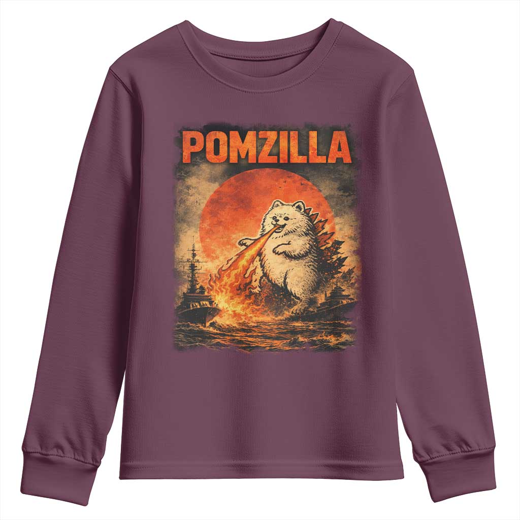 Pomzilla Dog Japanese Art Youth Sweatshirt Retro Vintage Dog Lover Pomeranian Pom Monster Kaiju TS10 Maroon Print Your Wear