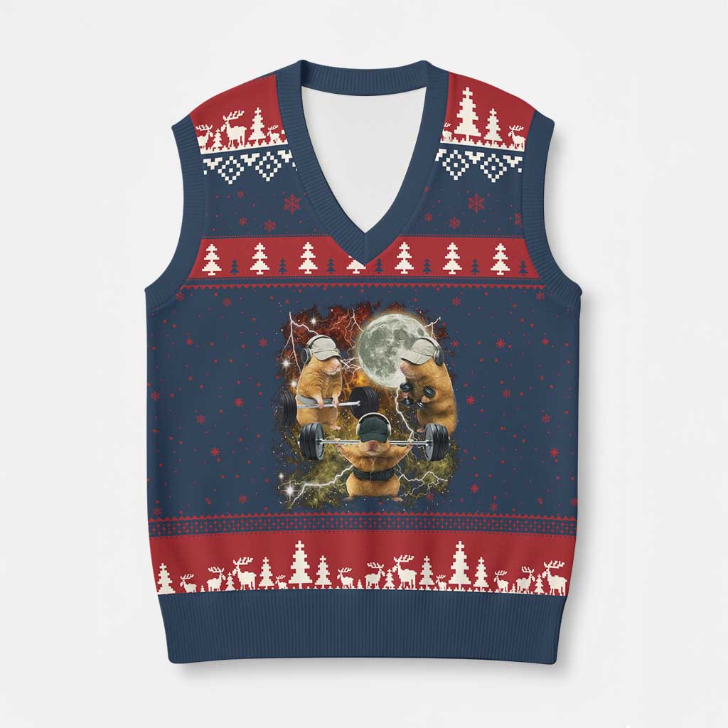 Hamster Deadlift V-Neck Knit Sweater Vest Funny Cute Rat Fitness Gym Weightlifting Meme TS10 Navy Red Print Your Wear