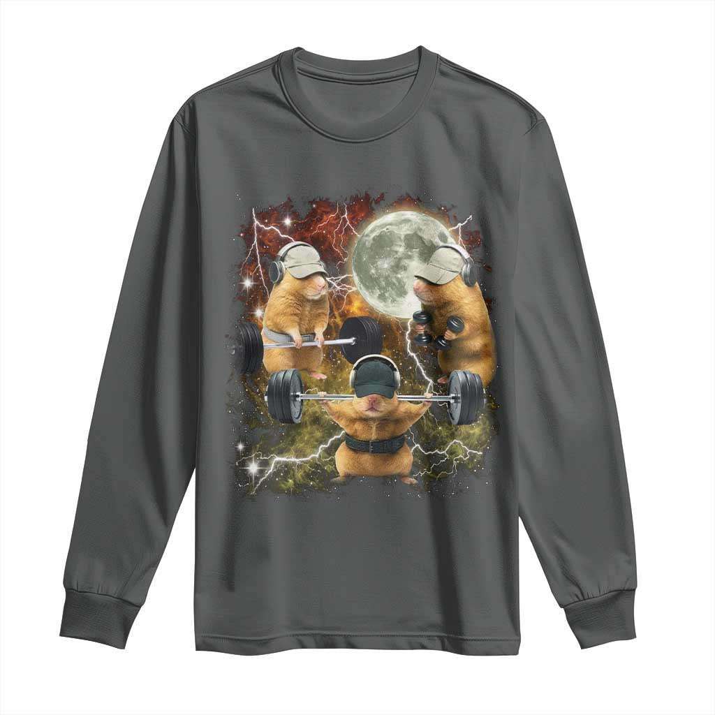 Hamster Deadlift Long Sleeve Shirt Funny Cute Rat Fitness Gym Weightlifting Meme TS10 Dark Heather Print Your Wear