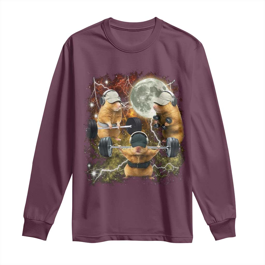Hamster Deadlift Long Sleeve Shirt Funny Cute Rat Fitness Gym Weightlifting Meme TS10 Maroon Print Your Wear