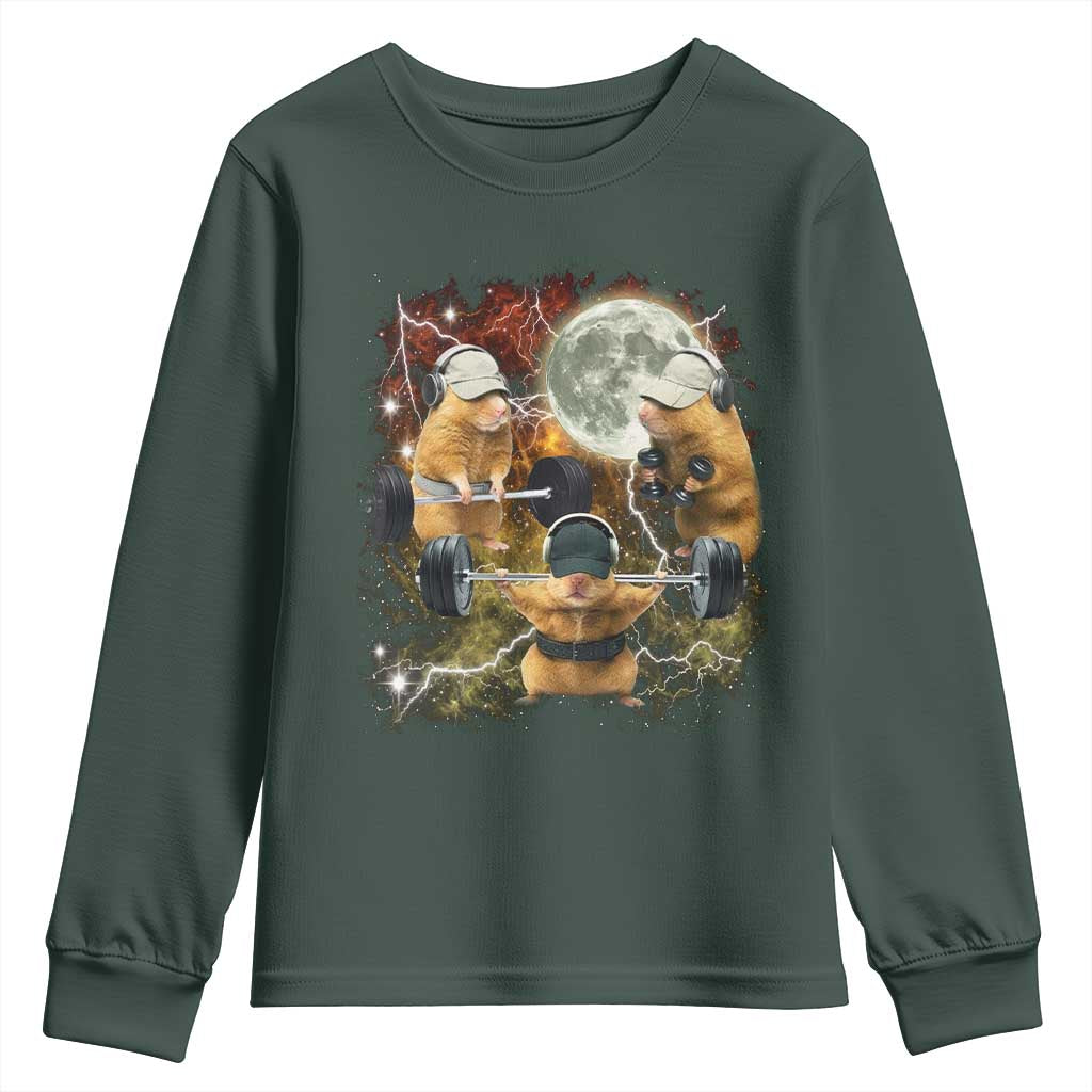 Hamster Deadlift Youth Sweatshirt Funny Cute Rat Fitness Gym Weightlifting Meme TS10 Dark Forest Green Print Your Wear