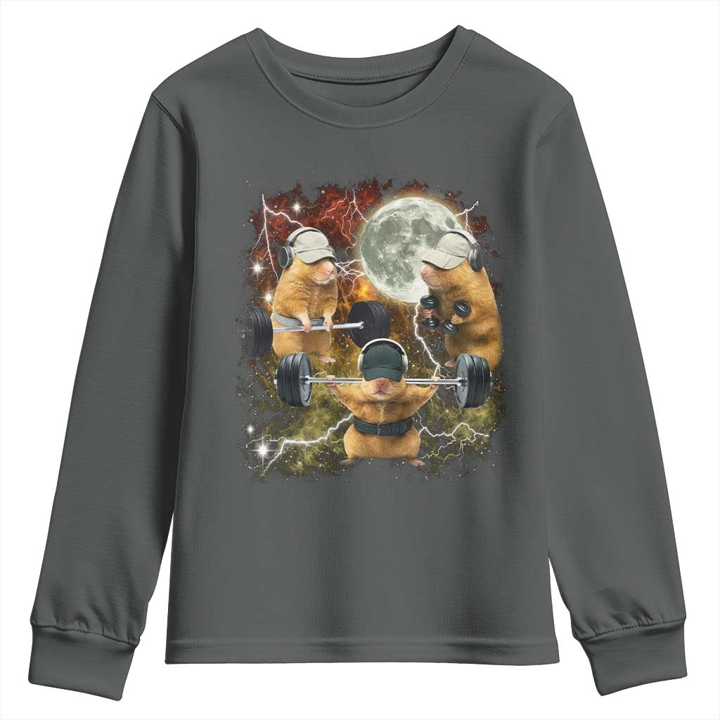 Hamster Deadlift Youth Sweatshirt Funny Cute Rat Fitness Gym Weightlifting Meme TS10 Dark Heather Print Your Wear