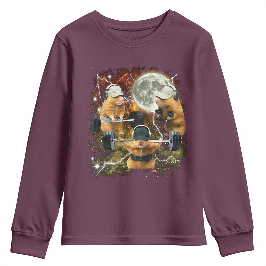 Hamster Deadlift Youth Sweatshirt Funny Cute Rat Fitness Gym Weightlifting Meme TS10 Maroon Print Your Wear