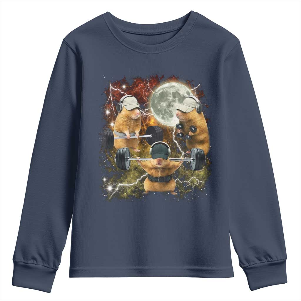 Hamster Deadlift Youth Sweatshirt Funny Cute Rat Fitness Gym Weightlifting Meme TS10 Navy Print Your Wear