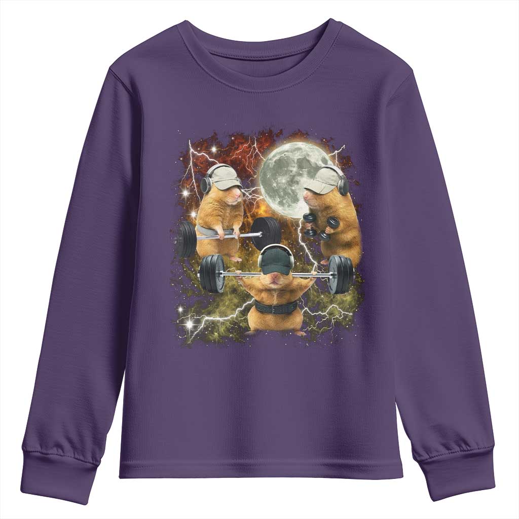 Hamster Deadlift Youth Sweatshirt Funny Cute Rat Fitness Gym Weightlifting Meme TS10 Purple Print Your Wear