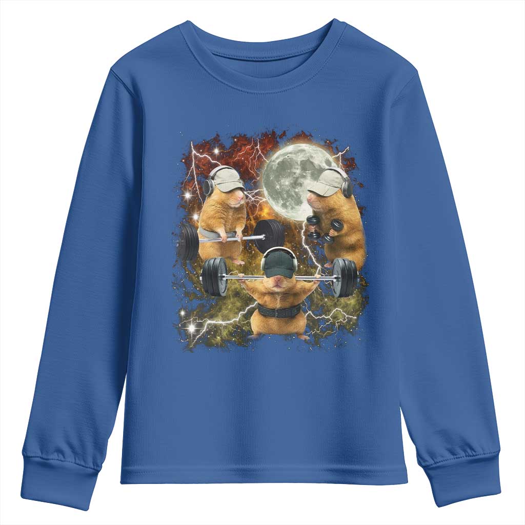Hamster Deadlift Youth Sweatshirt Funny Cute Rat Fitness Gym Weightlifting Meme TS10 Royal Blue Print Your Wear