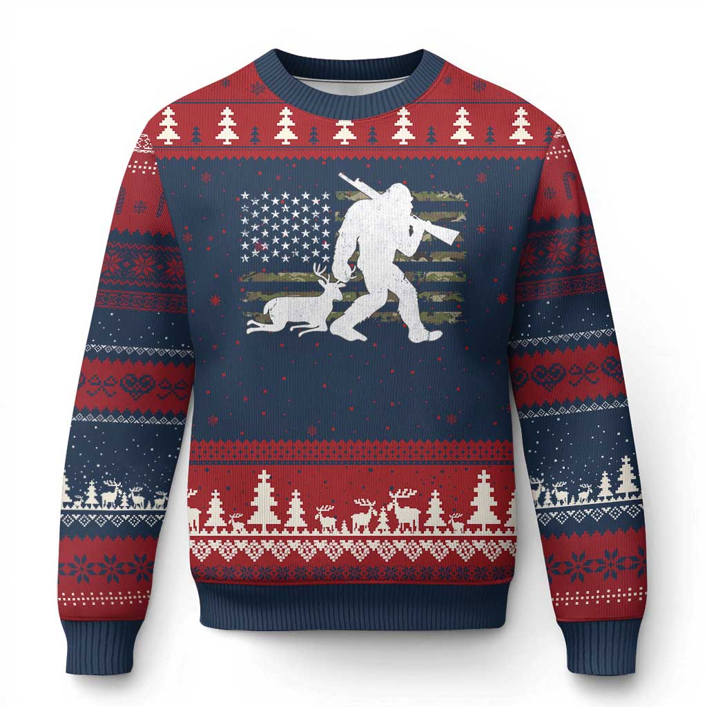 Bigfoot Camo Deer Hunting Ugly Christmas Sweater Camo USA Flag Buck Season Sasquatch TS10 Navy Red Print Your Wear