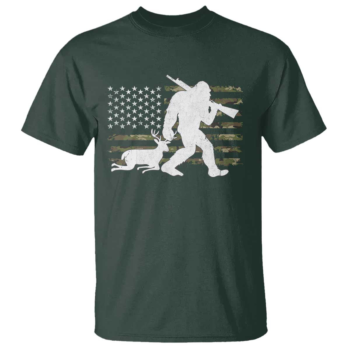 Bigfoot Camo Deer Hunting T Shirt Camo USA Flag Buck Season Sasquatch TS10 Dark Forest Green Print Your Wear