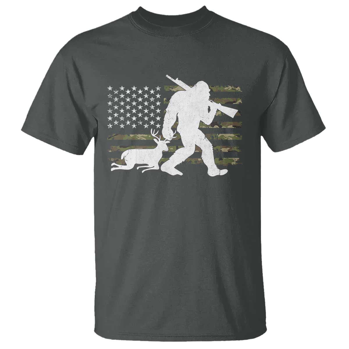 Bigfoot Camo Deer Hunting T Shirt Camo USA Flag Buck Season Sasquatch TS10 Dark Heather Print Your Wear
