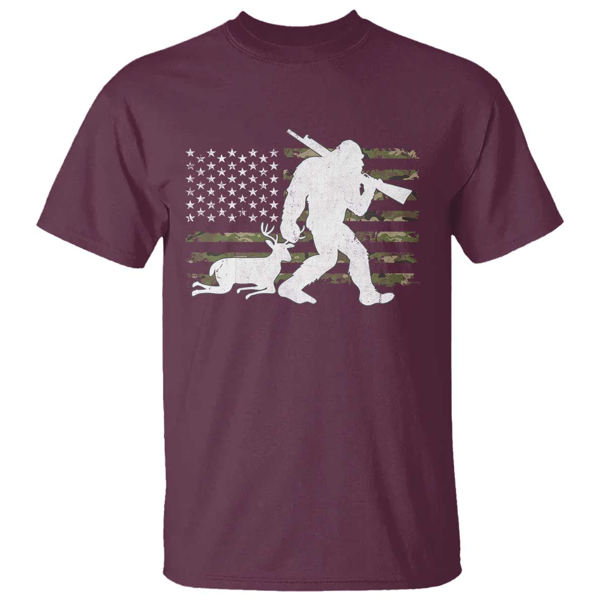 Bigfoot Camo Deer Hunting T Shirt Camo USA Flag Buck Season Sasquatch TS10 Maroon Print Your Wear