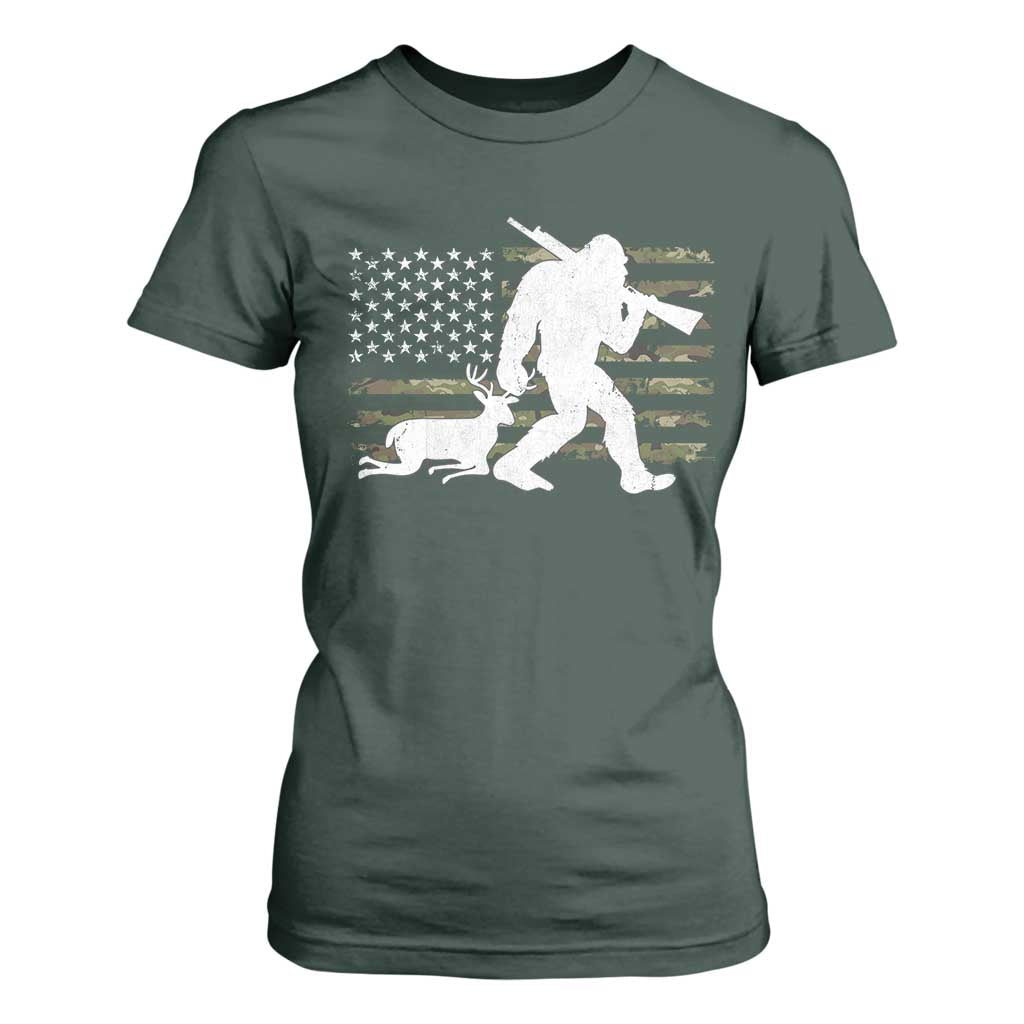 Bigfoot Camo Deer Hunting T Shirt For Women Camo USA Flag Buck Season Sasquatch TS10 Dark Forest Green Print Your Wear