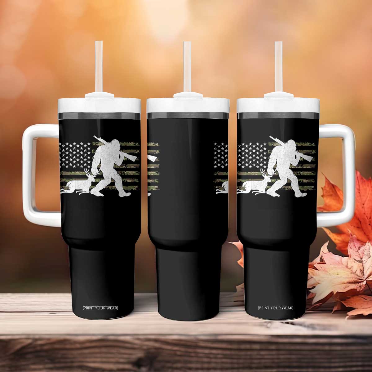 Bigfoot Camo Deer Hunting Tumbler With Handle Camo USA Flag Buck Season Sasquatch TS10 Print Your Wear