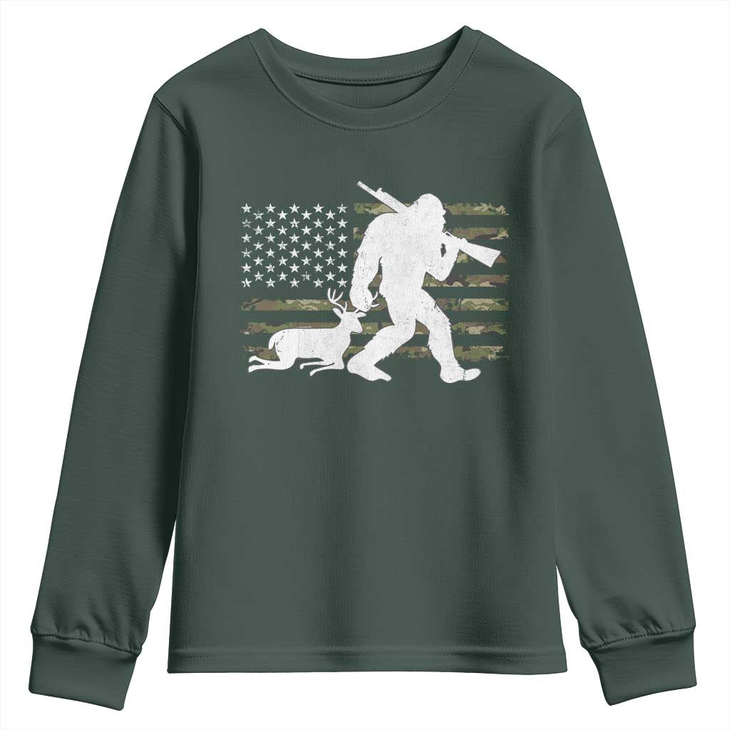 Bigfoot Camo Deer Hunting Youth Sweatshirt Camo USA Flag Buck Season Sasquatch TS10 Dark Forest Green Print Your Wear