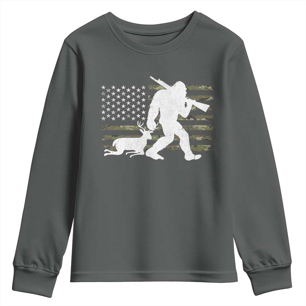 Bigfoot Camo Deer Hunting Youth Sweatshirt Camo USA Flag Buck Season Sasquatch TS10 Dark Heather Print Your Wear