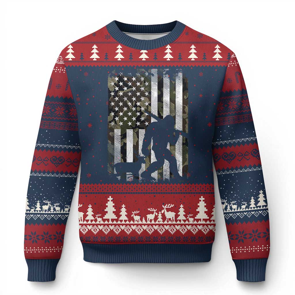 Bigfoot Deer Hunting Ugly Christmas Sweater Camo US Flag Deer Elk Buck Hunting Hunter Dad TS10 Navy Red Print Your Wear