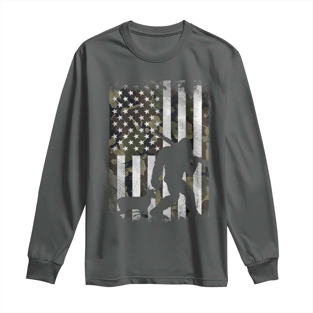 Bigfoot Deer Hunting Long Sleeve Shirt Camo US Flag Deer Elk Buck Hunting Hunter Dad TS10 Dark Heather Print Your Wear