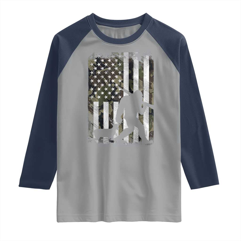 Bigfoot Deer Hunting Raglan Shirt Camo US Flag Deer Elk Buck Hunting Hunter Dad TS10 Sport Gray Navy Print Your Wear