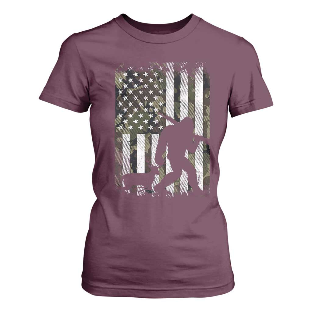 Bigfoot Deer Hunting T Shirt For Women Camo US Flag Deer Elk Buck Hunting Hunter Dad TS10 Maroon Print Your Wear