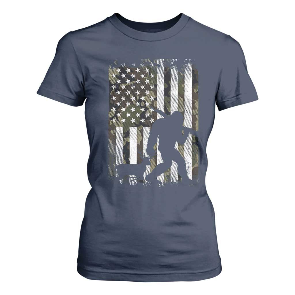 Bigfoot Deer Hunting T Shirt For Women Camo US Flag Deer Elk Buck Hunting Hunter Dad TS10 Navy Print Your Wear