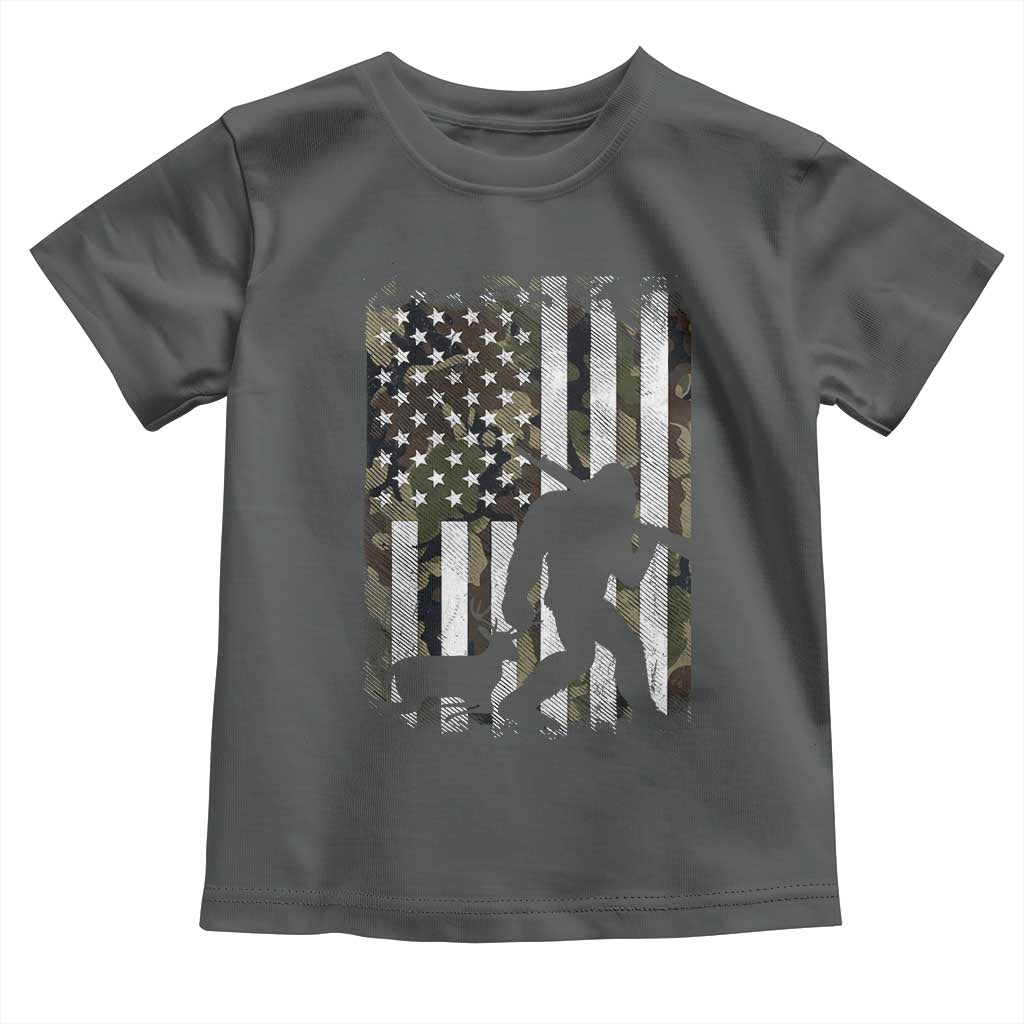 Bigfoot Deer Hunting Toddler T Shirt Camo US Flag Deer Elk Buck Hunting Hunter Dad TS10 Dark Heather Print Your Wear