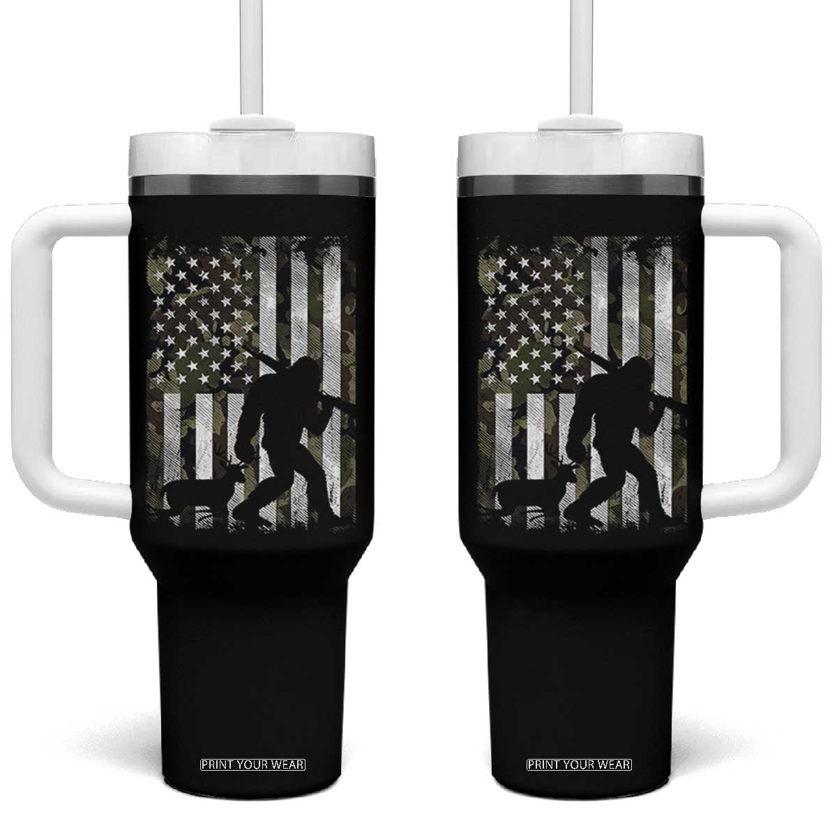 Bigfoot Deer Hunting Tumbler With Handle Camo US Flag Deer Elk Buck Hunting Hunter Dad TS10 One Size: 40 oz Black Print Your Wear