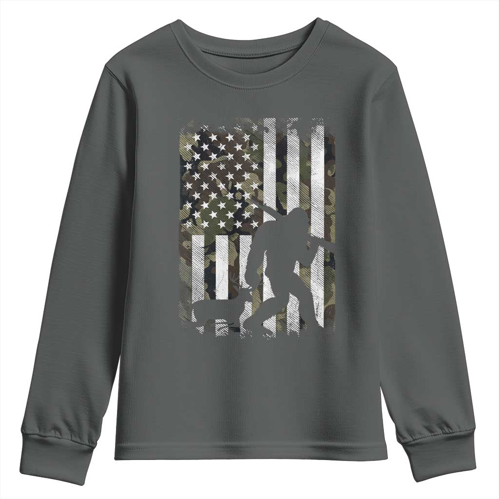 Bigfoot Deer Hunting Youth Sweatshirt Camo US Flag Deer Elk Buck Hunting Hunter Dad TS10 Dark Heather Print Your Wear