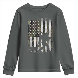 Bigfoot Deer Hunting Youth Sweatshirt Camo US Flag Deer Elk Buck Hunting Hunter Dad TS10 Dark Heather Print Your Wear
