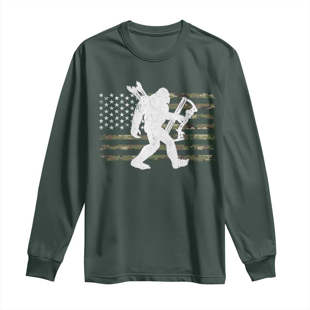 Bow Hunting Archer Bigfoot Long Sleeve Shirt Sasquatch Camo US Flag Hunter Dad TS10 Dark Forest Green Print Your Wear