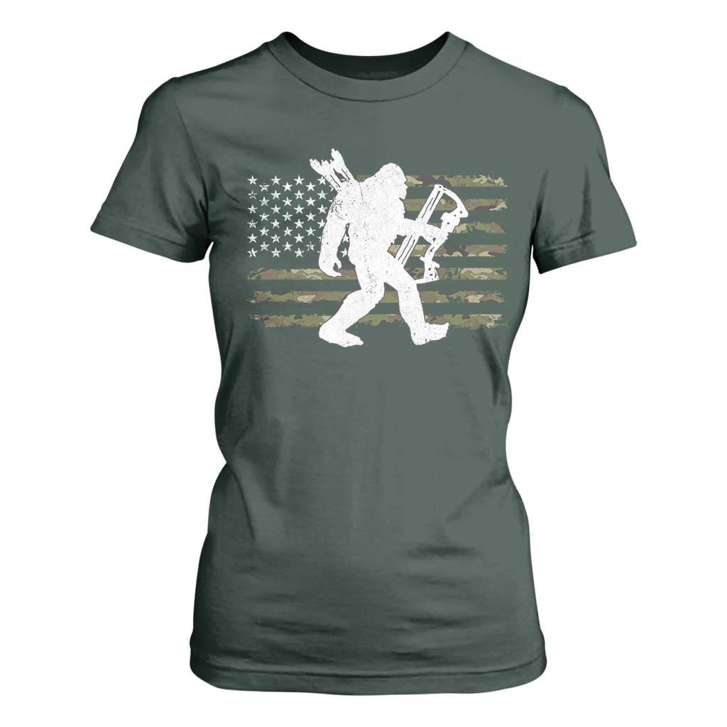 Bow Hunting Archer Bigfoot T Shirt For Women Sasquatch Camo US Flag Hunter Dad TS10 Dark Forest Green Print Your Wear